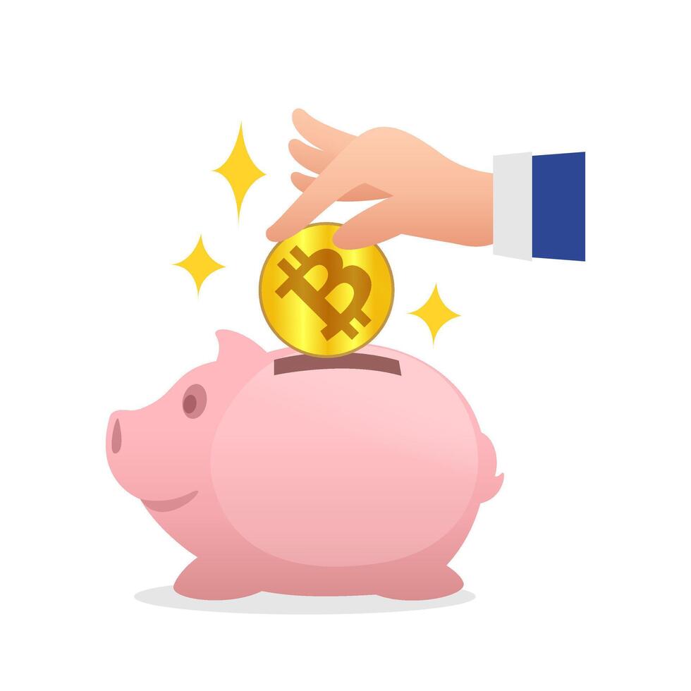 piggy bank and hand holding coin bitcoin gold, saving digital money cryptocurrency bitcoin gold concept, bitcoin coin gold over piggy bank, piggy bank and hand bitcoin holding for saving digital money vector