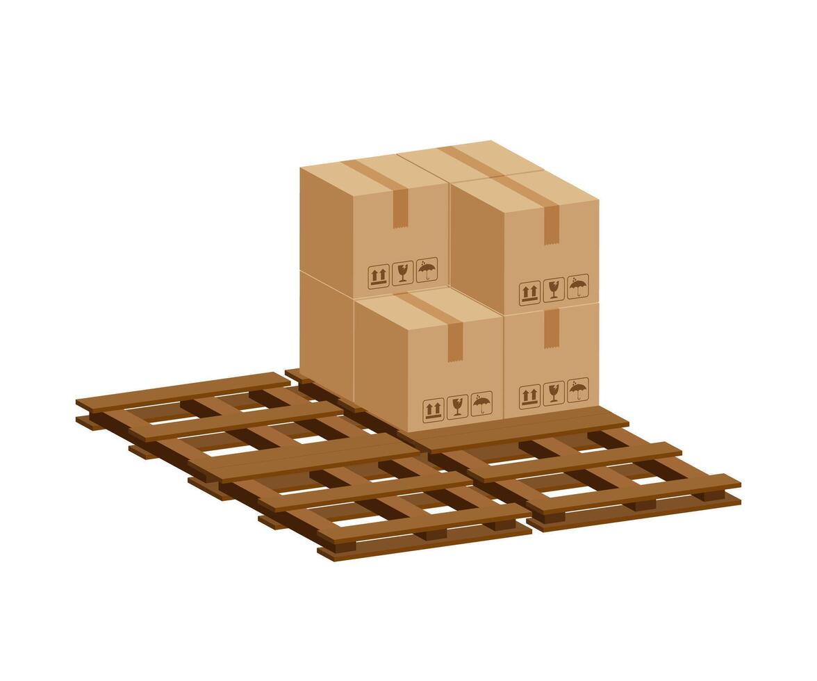 crate boxes 3d on wooden pallet, wood pallet with cardboard box in factory warehouse storage, cardboard parcel boxes stack of warehouse factory, packaging cargo, boxes brown on a white vector