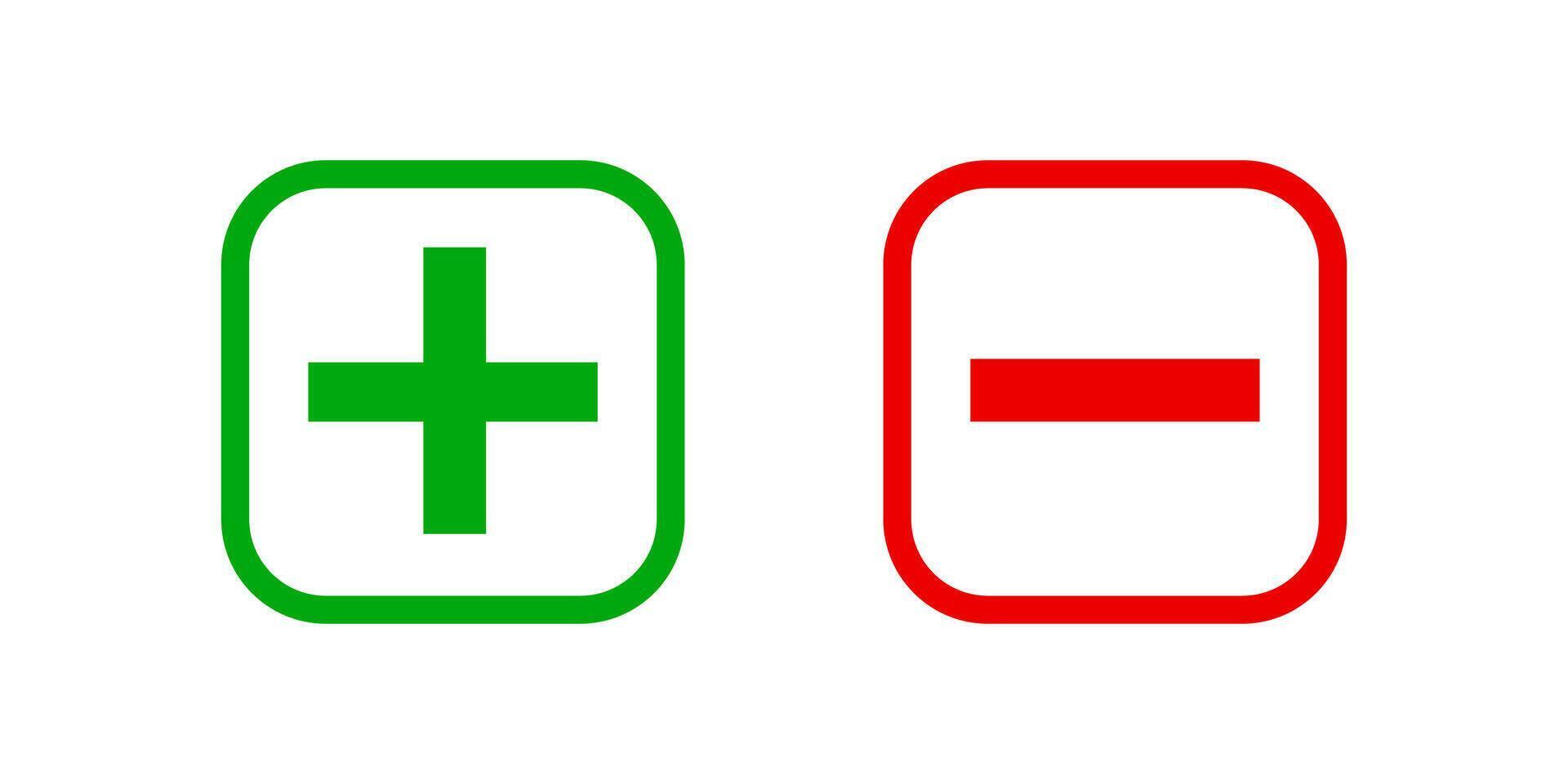 square minus and plus sign icons graphic, negative and positive symbol isolated on white, anode cathode sign red and green square buttons vector