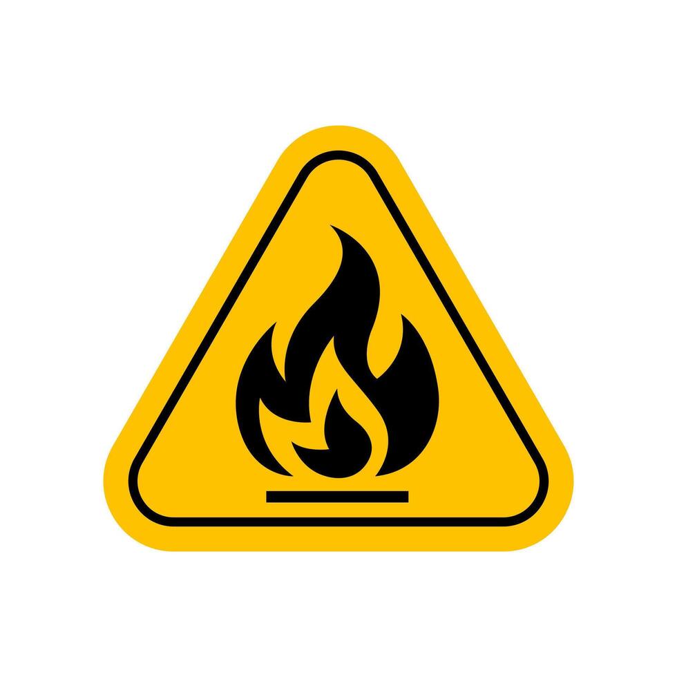 flammable materials warning sign, caution fire sign yellow, gas hazard symbol, attention fire hazard icon, triangle flame warning sign vector
