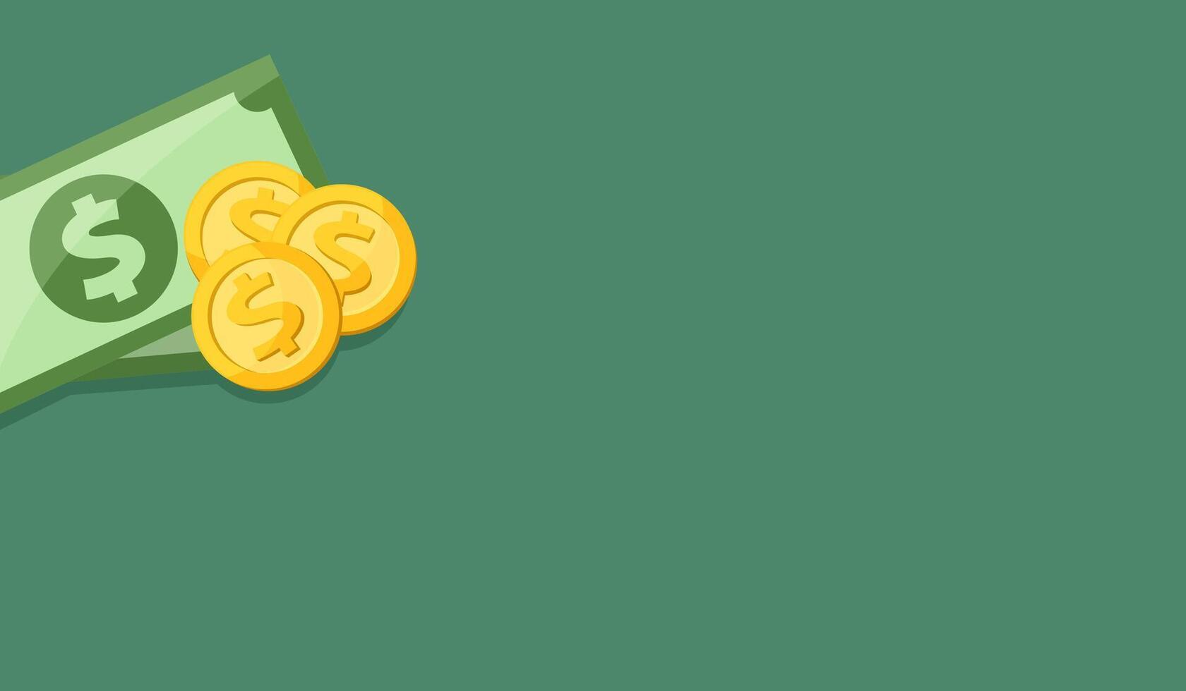 pile medal dollar and banknote money isolated on green background, stack money on green for copy space, banknote and medal dollar gold money illustration for banner vector