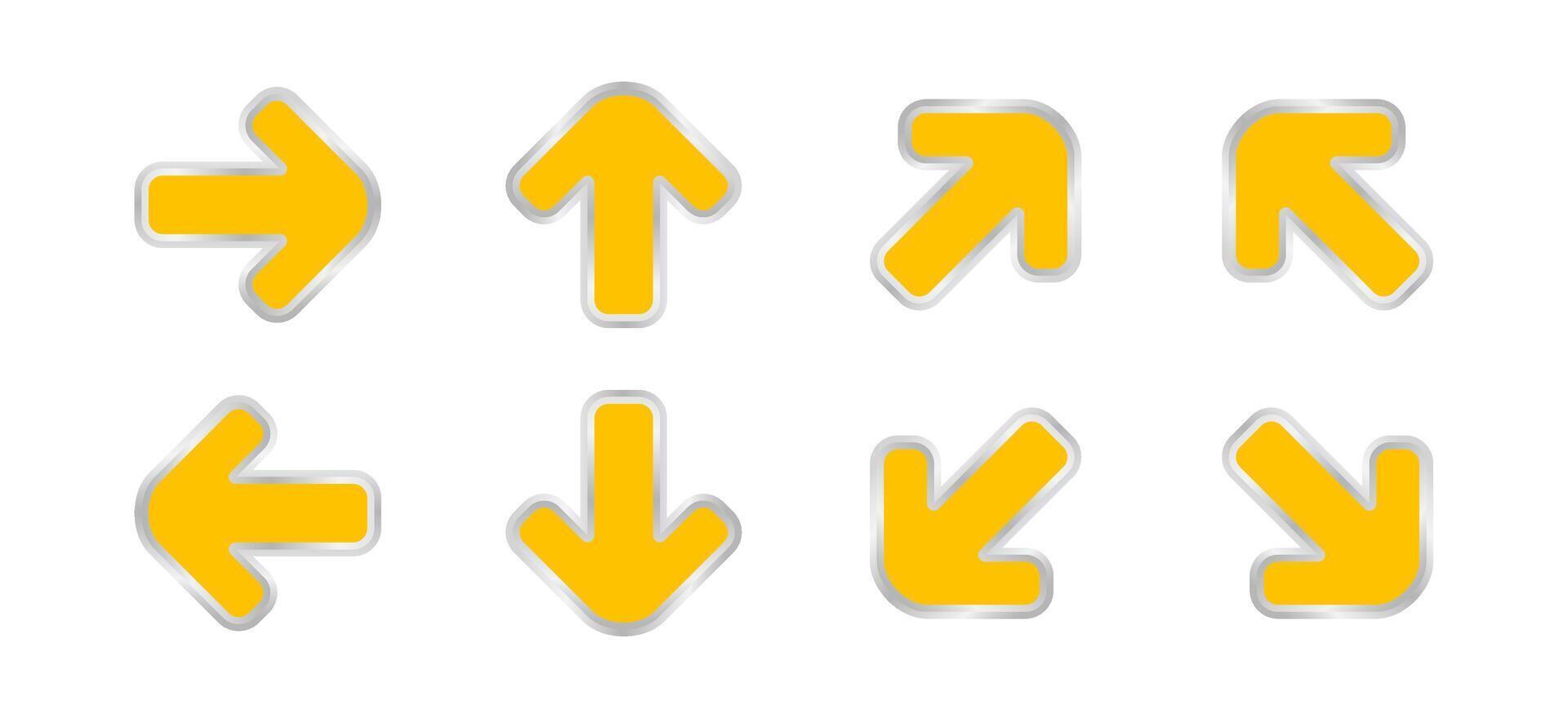 arrow pointing yellow color isolated on white, clip art arrow icon set for direction pointing, modern arrow yellow symbol for pointing indicates, illustrations arrow button yellow vector