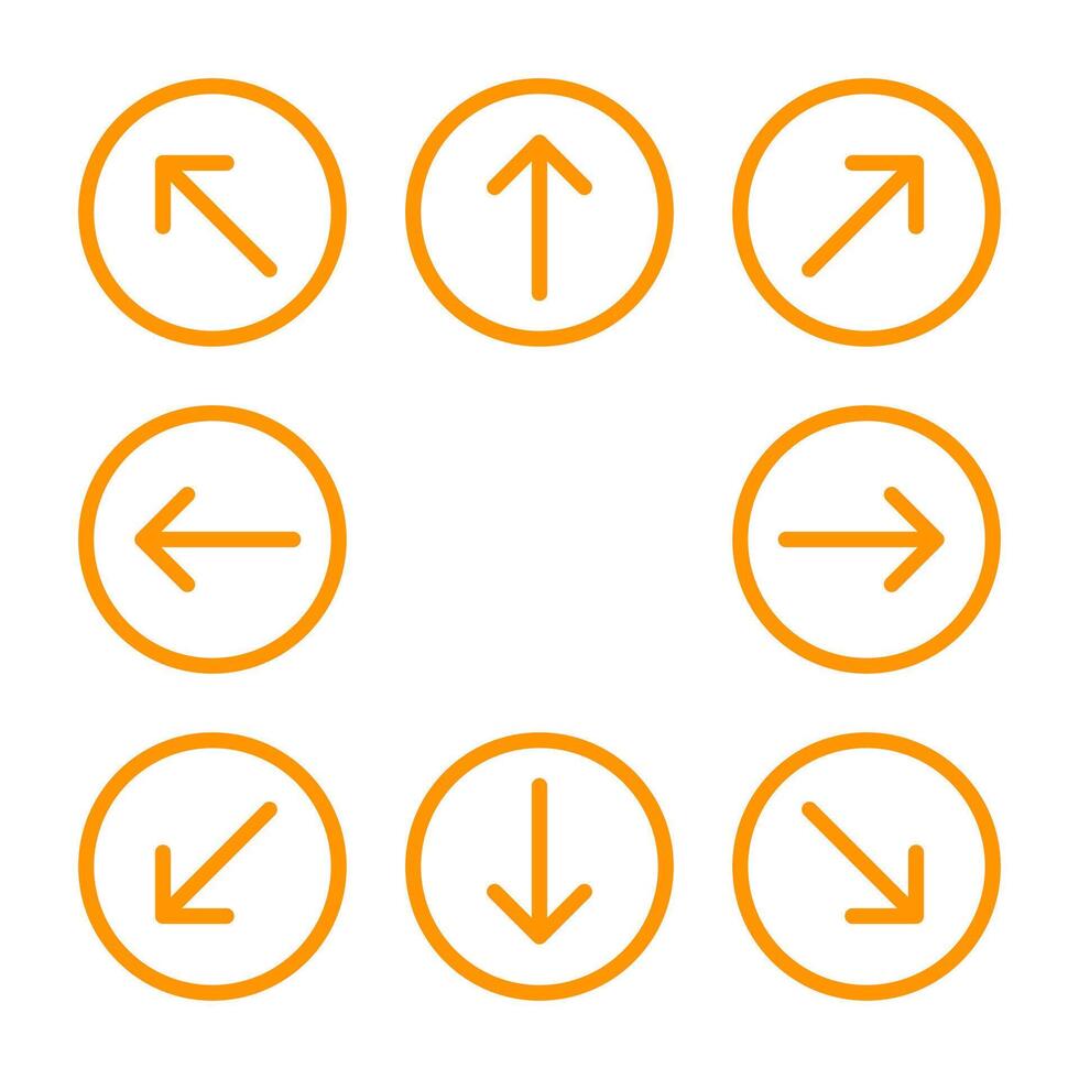 arrow line circle orange set for direction arrow pointer, arrows in circular strokes, arrows button simple, line arrow symbol in circle for ui app, circular arrowhead symbol for button interface vector