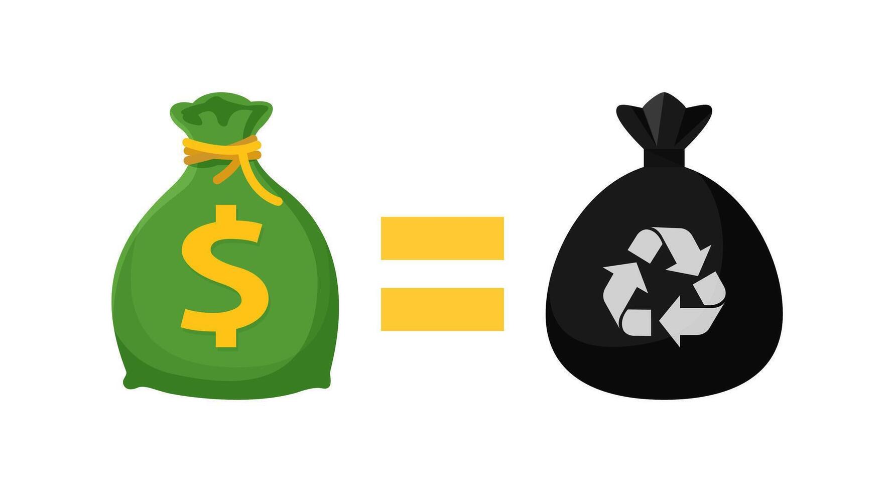 icon money bag and garbage bags, symbol of sack garbage waste and money trade, waste exchange business to money, buy and sell garbage, junk trading in money concept, waste sell and exchange vector