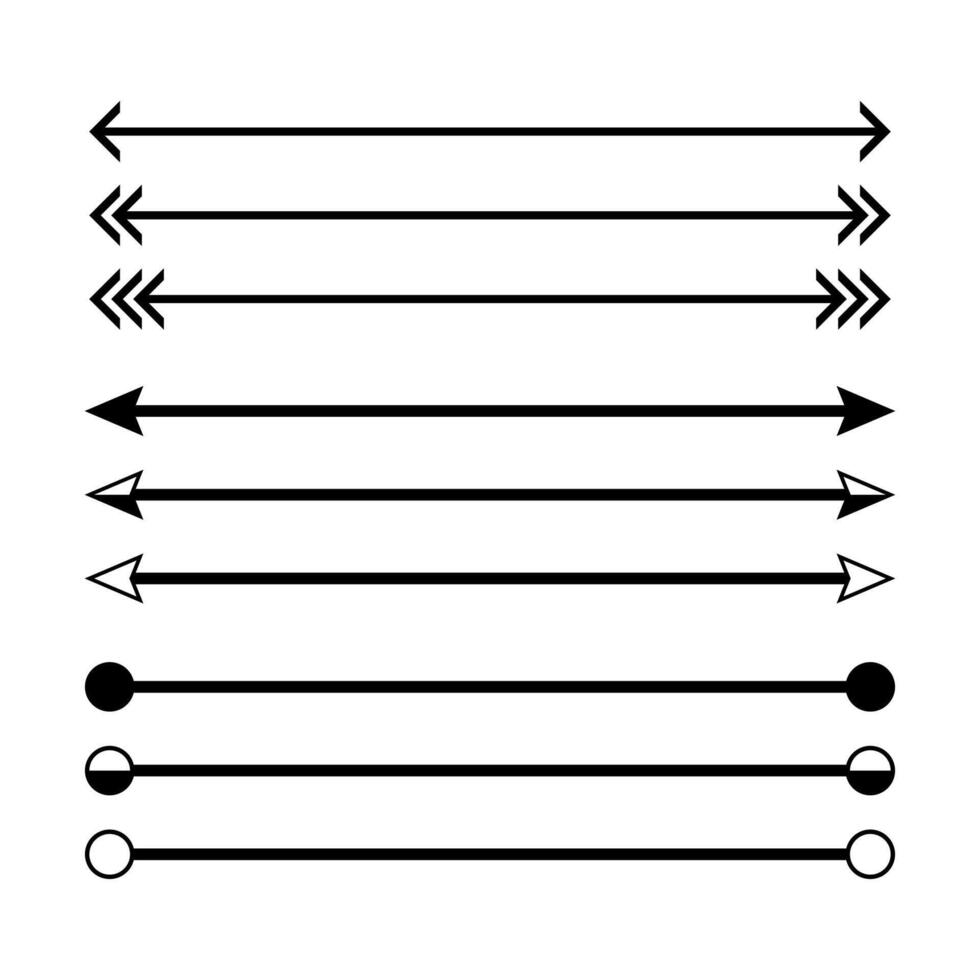 arrow in horizontal line set isolated on white, arrow line for indicate the dimension of drawing, horizontal arrow different, arrowhead black on a line horizontal for dimension scale, clip art arrows vector
