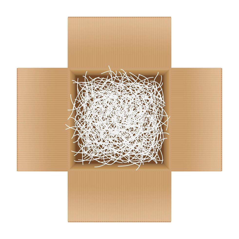 white shredded paper in cardboard box brown open for gift pack, shredded paper in the box brown top view for packaging, doodle shredded paper for recycle waste, scrap paper garbage isolated on white vector