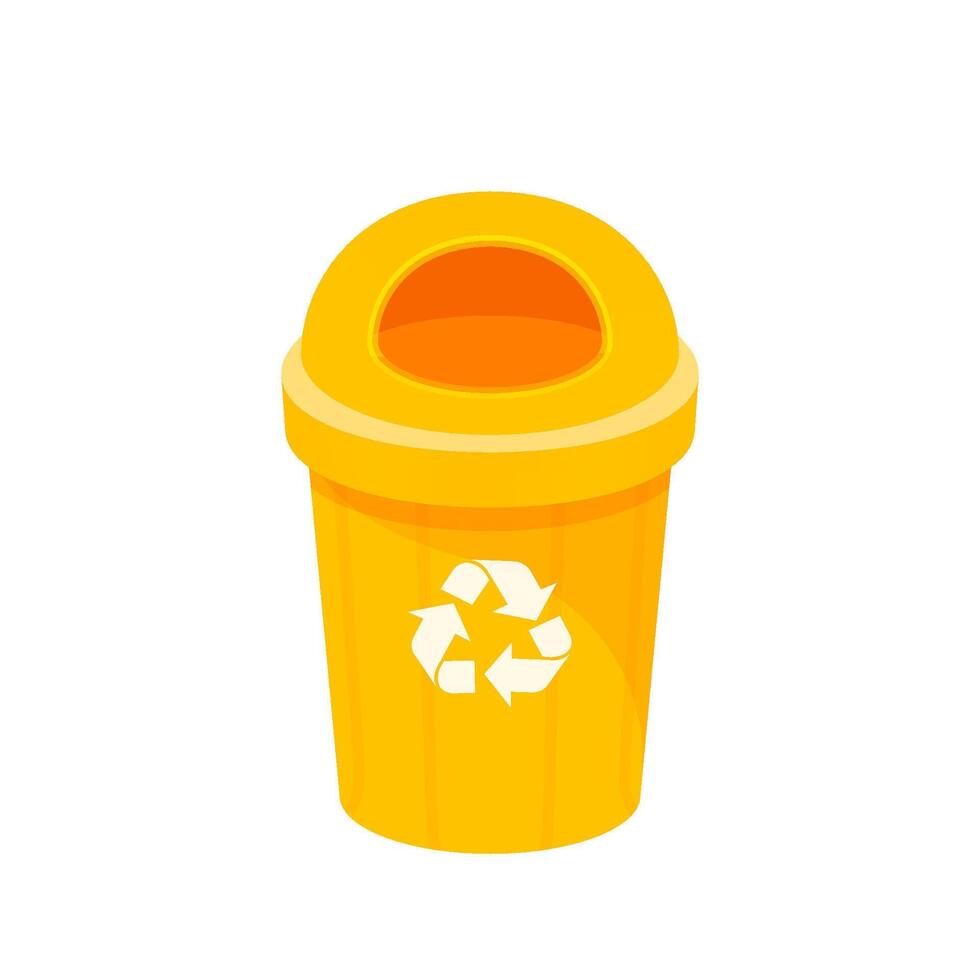 yellow bin isolated on white, clip art of recycle bin small, illustration yellow bin plastic, flat icon bin waste, yellow trash can, dustbin for garbage with recycle symbol vector