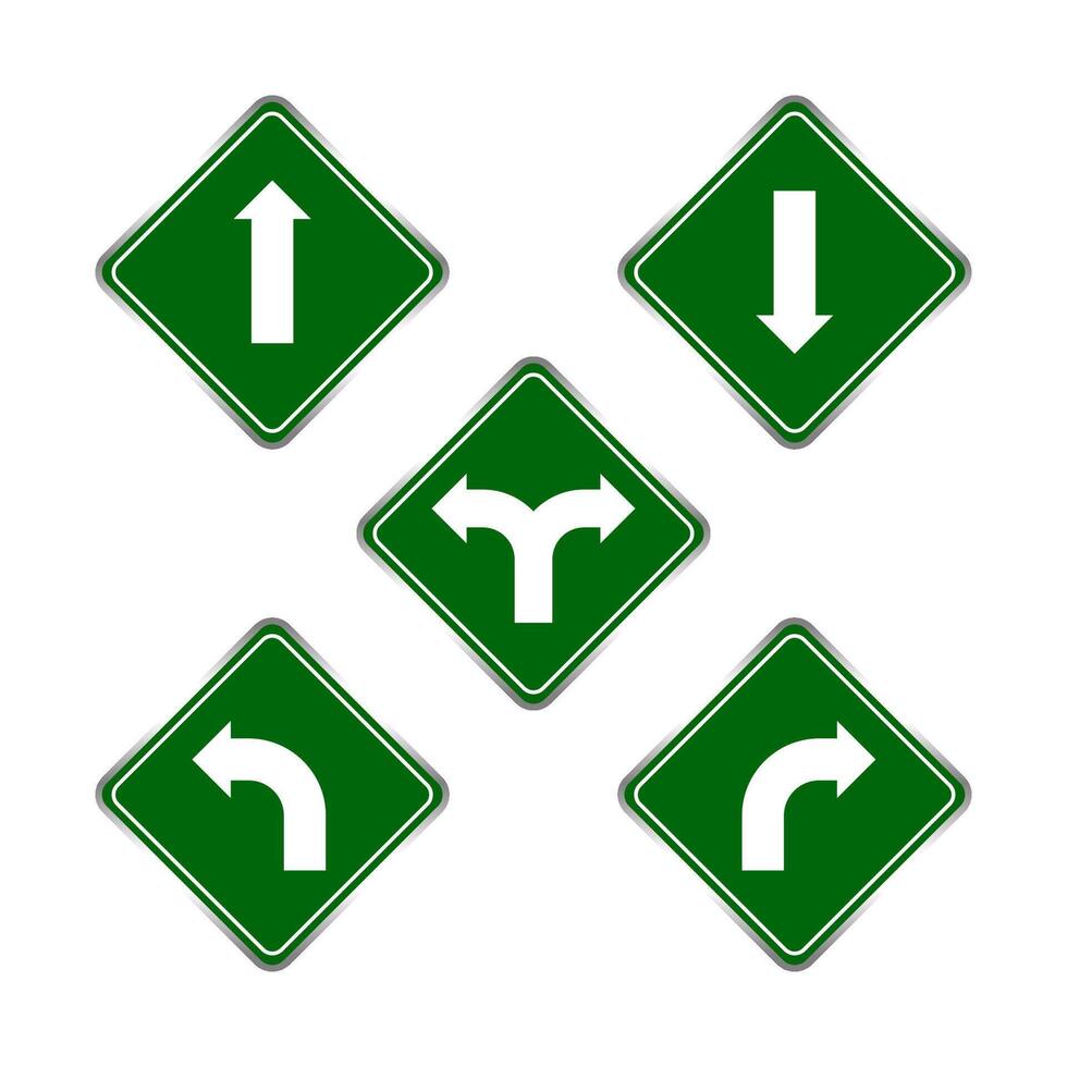 road signs green set, traffic road sign green isolated on white, signpost caution for direction, road sign and white arrow pointing vector