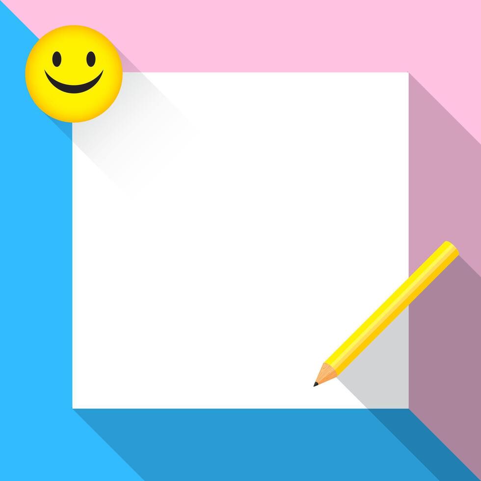 white paper frame background blank on pink blue pastel colors, smiley face badge and pencil on paper empty for copy space, square paper note white flat lay top view pastel colors for banner background vector