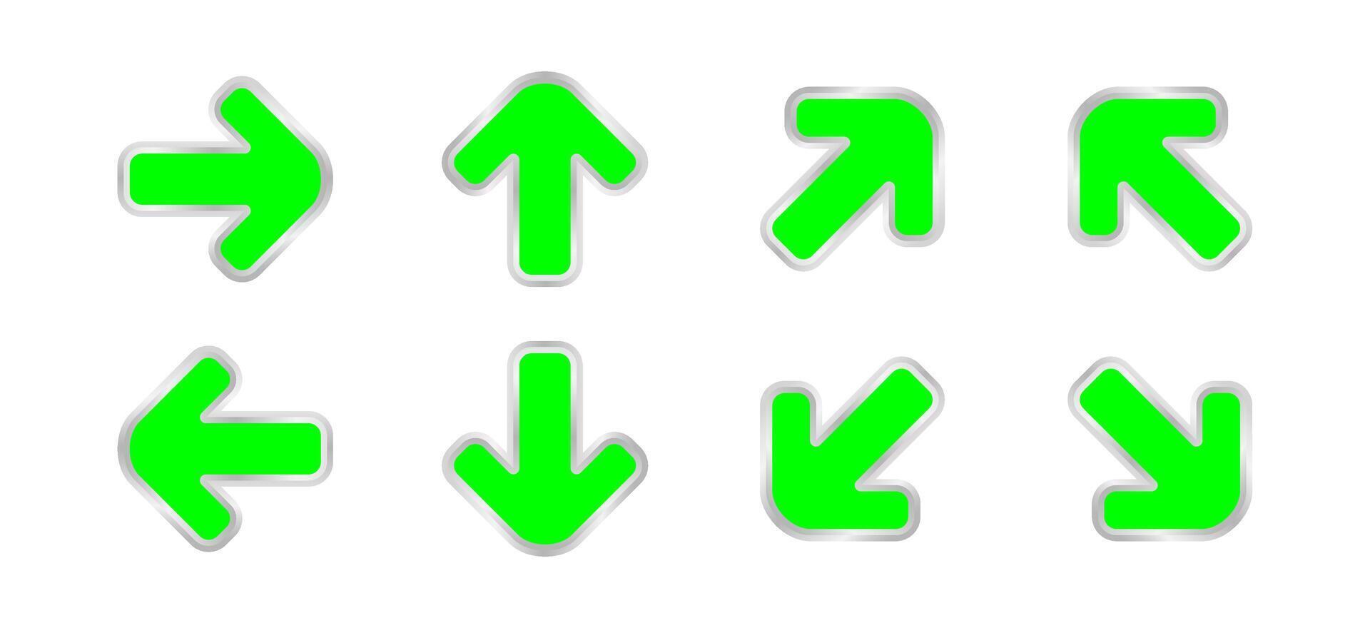 arrow pointing green color isolated on white, clip art arrow icon set for direction pointing, modern arrow symbol for pointing indicates, illustrations arrow button green vector