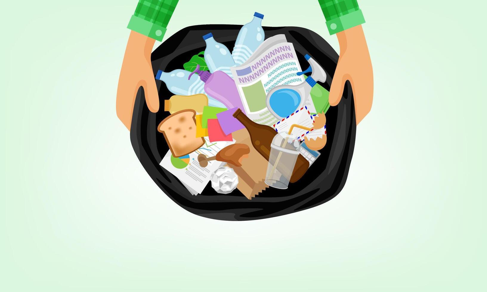 garbage bag and hand holding in top view, bag plastic waste and a lot of rubbish, stack paper glass and bottle plastic waste, garbage many in the plastic bin bag black, waste for separation recycle vector