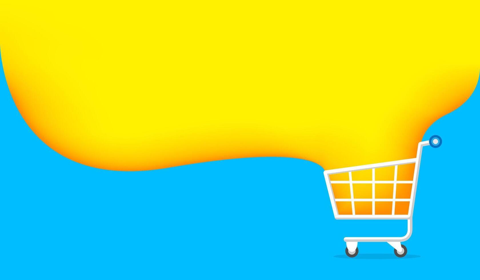 banner cart and yellow blue copy space for shopping online, icon cart on banner template ad sale, basket purchase in online shop, trolley cart symbol of banner e-commerce, cart simple flat advertising vector
