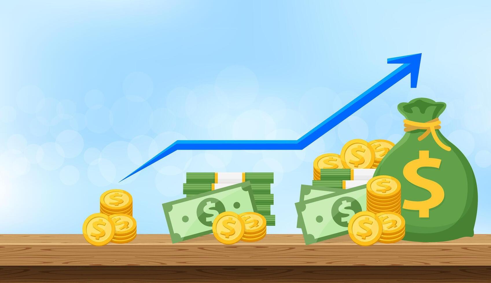 money and arrow pointing up on the wood table and copy space, retirement money plan with arrow chart saving money concept, investment money and business finance growth, soft blue for finance banner ad vector