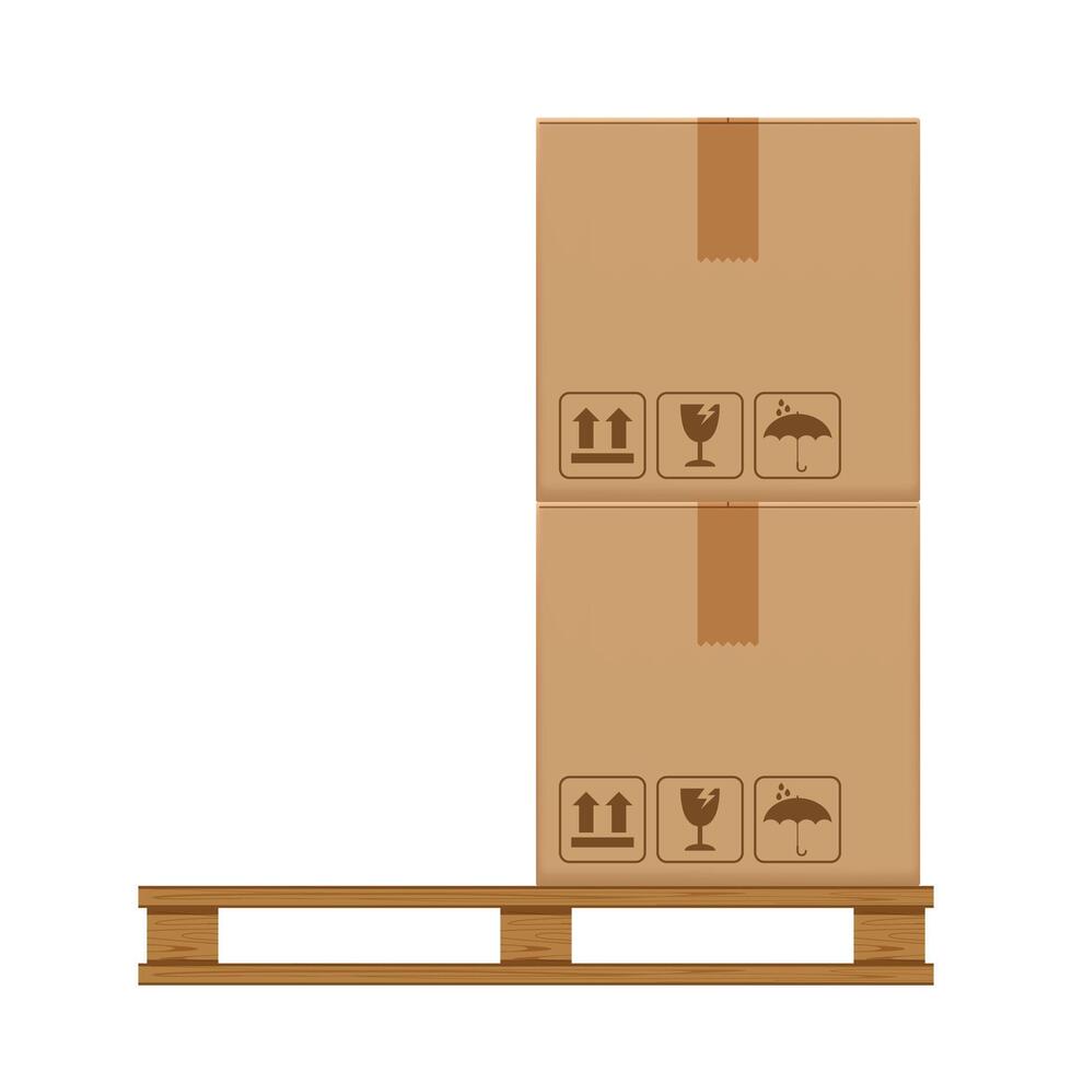 crate boxes two on wooden pallet, wood pallet with cardboard box in factory warehouse storage, flat style warehouse cardboard parcel boxes stack, packaging cargo, 3d boxes brown on a white vector