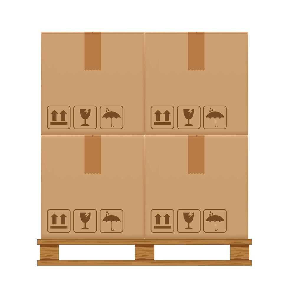 crate boxes four on wooden pallet, wood pallet with cardboard box in factory warehouse storage, flat style warehouse cardboard parcel boxes stack, packaging cargo, 3d boxes brown isolated on white vector