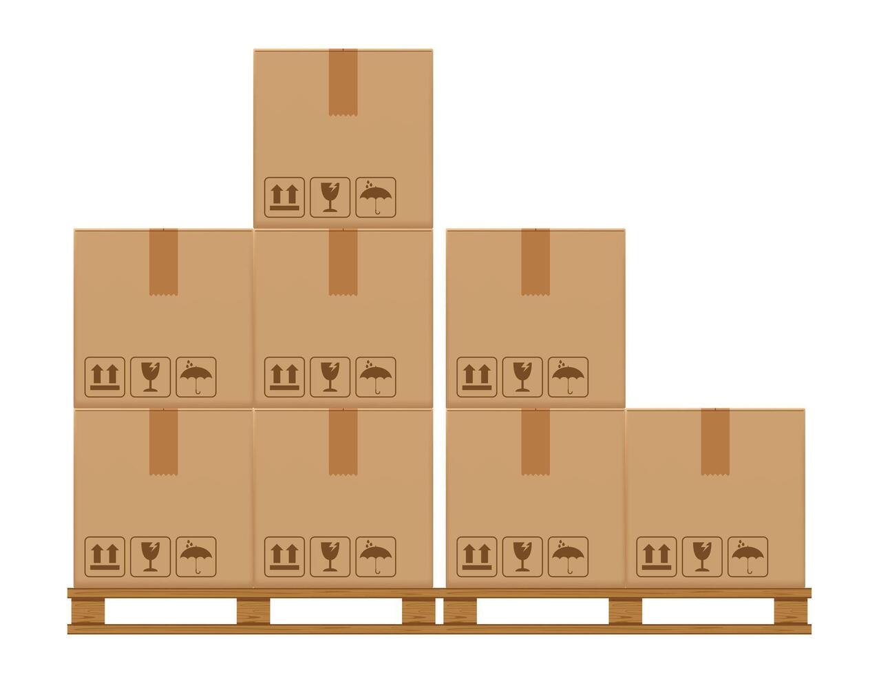 crate boxes eight on wooden pallet, wood pallet with cardboard box in factory warehouse storage, flat style warehouse cardboard parcel boxes stack, packaging cargo, 3d boxes brown isolated on white vector