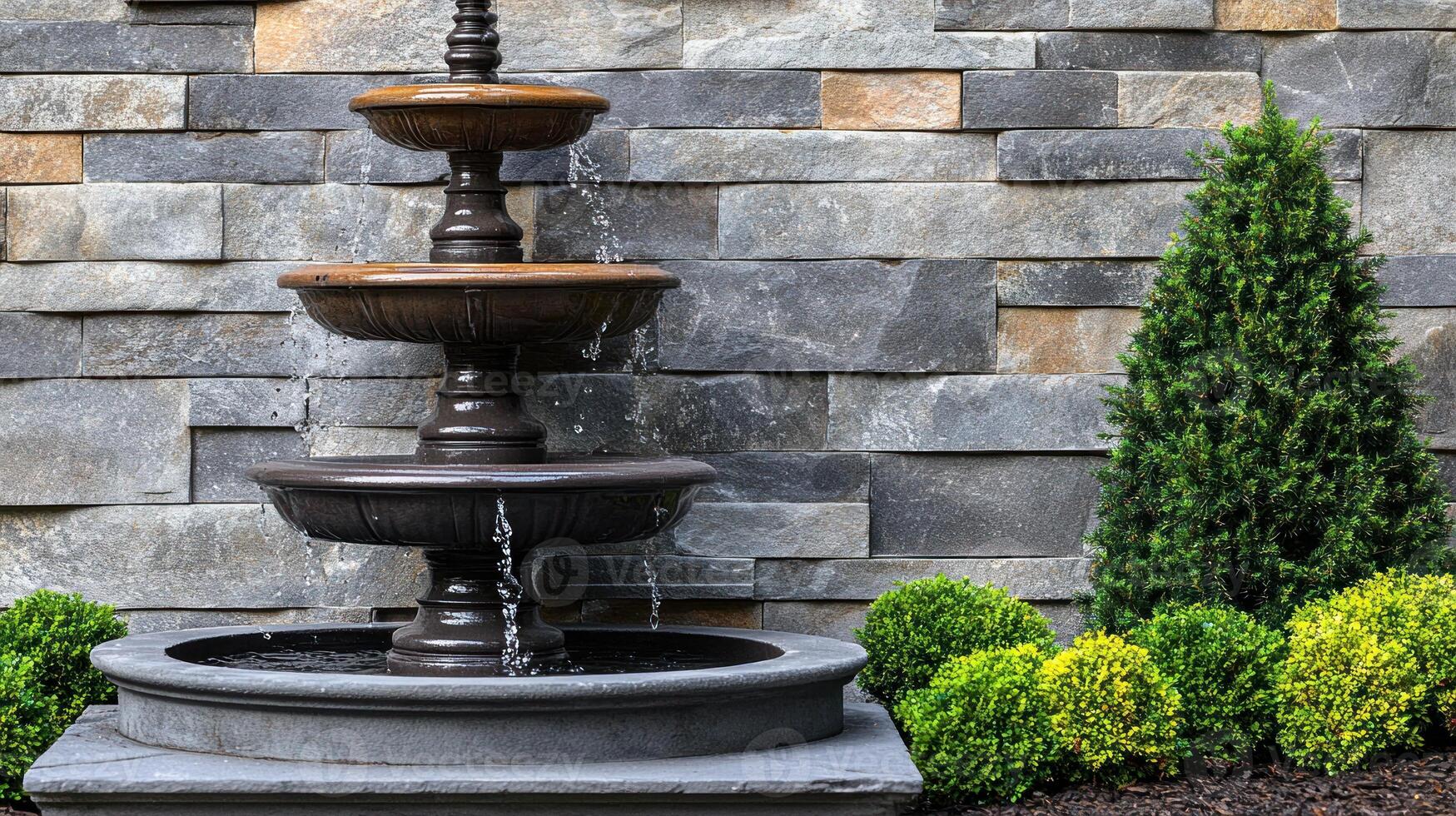 Elegant fountain surrounded by lush greenery in a tranquil garden setting photo