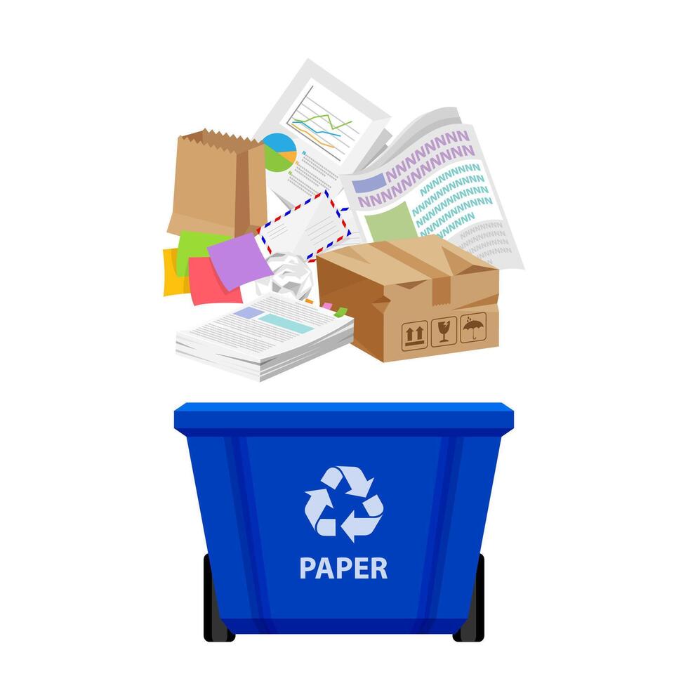 paper waste and blue recycling plastic bin isolated on white, plastic bin and paper recycling garbage, waste paper trash, illustration clip art bin, 3r garbage vector