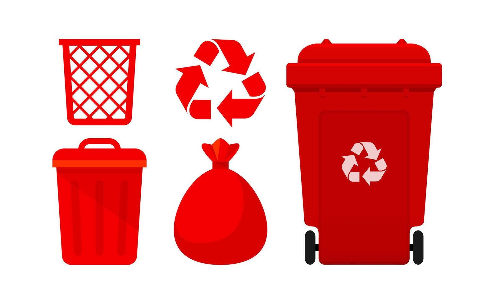 Red Bin Collection, Recycle Bin and Red Plastic Bags Waste isolated on white Background, Bins red with Recycle Waste Symbol, Front view set of the Red Bins and Bag Plastic for Garbage waste, 3r Trash vector