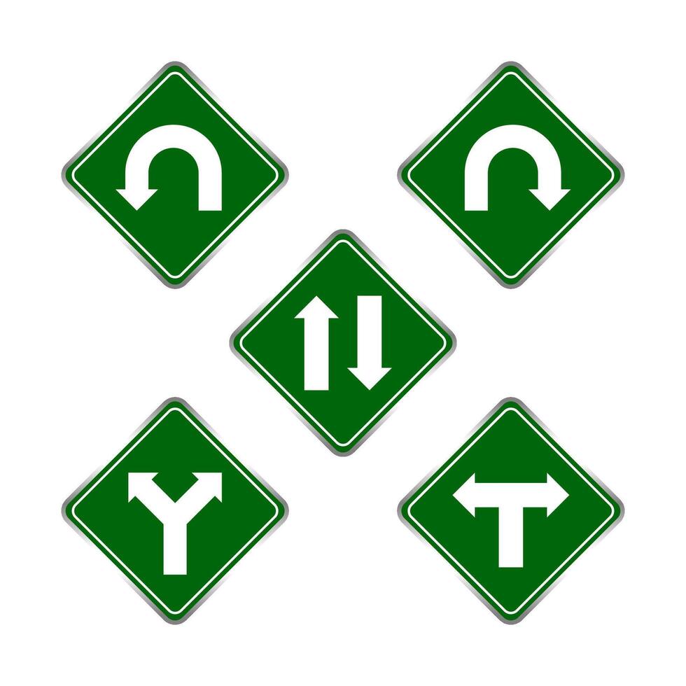 road signs green set, traffic road sign green isolated on white, signpost caution for direction, road sign and a white arrow pointing vector
