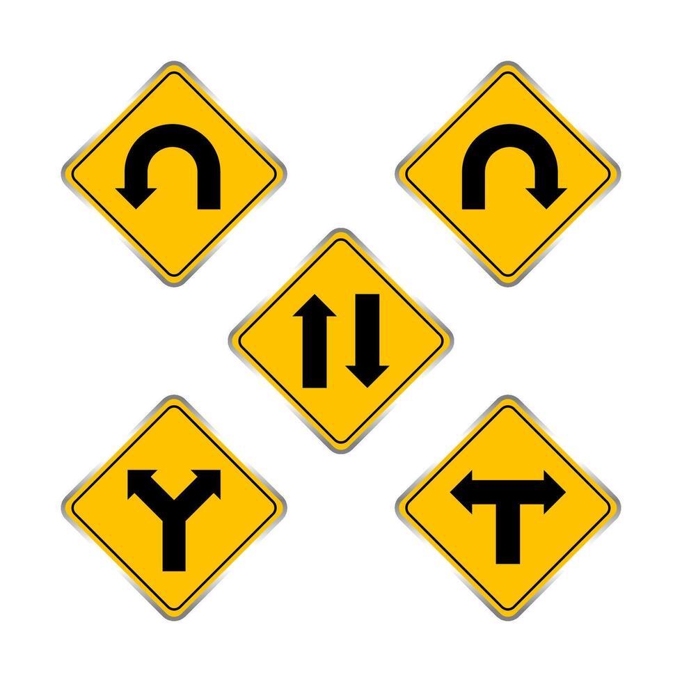 road signs yellow set, traffic road sign yellow isolated on white, signpost caution for direction, road sign and black arrow pointing vector