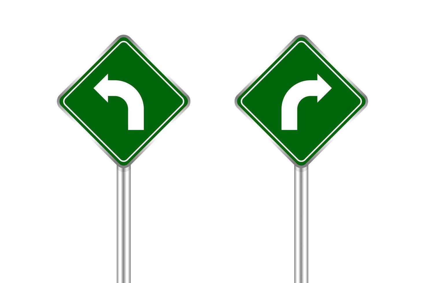 road sign of arrow pointing bend to left and right, traffic road sign green isolated on white, traffic sign turn left and right, warning caution sign and steel pole for direction signpost vector