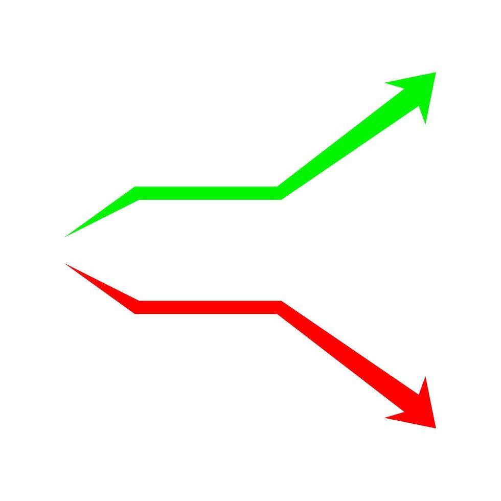 arrow green pointing up and red point down isolated on white background, graphic red green arrow flat symbol, arrow pointing up for clip art, illustration arrow logo for business and finance graph vector