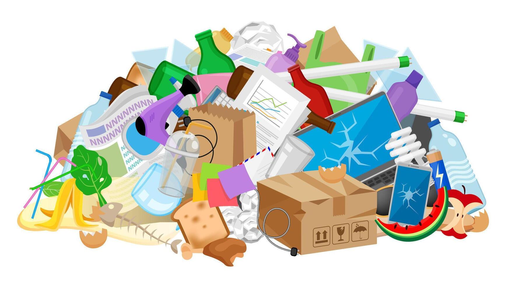 pile garbage waste plastic many, stack garbage plastic and paper many dump, different types waste, organic, plastic, glass, metal, paper and electronic e-waste, pollution garbage waste vector