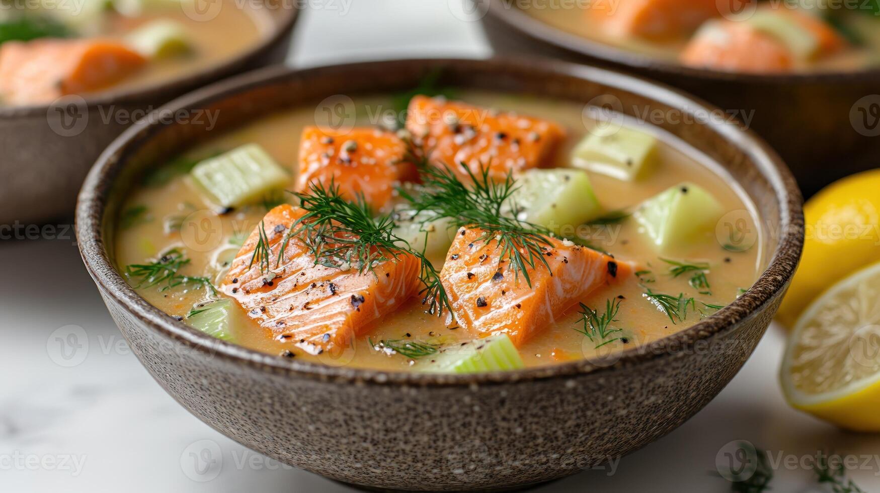 Creamy salmon soup with fresh herbs and vibrant vegetables in rustic bowls photo