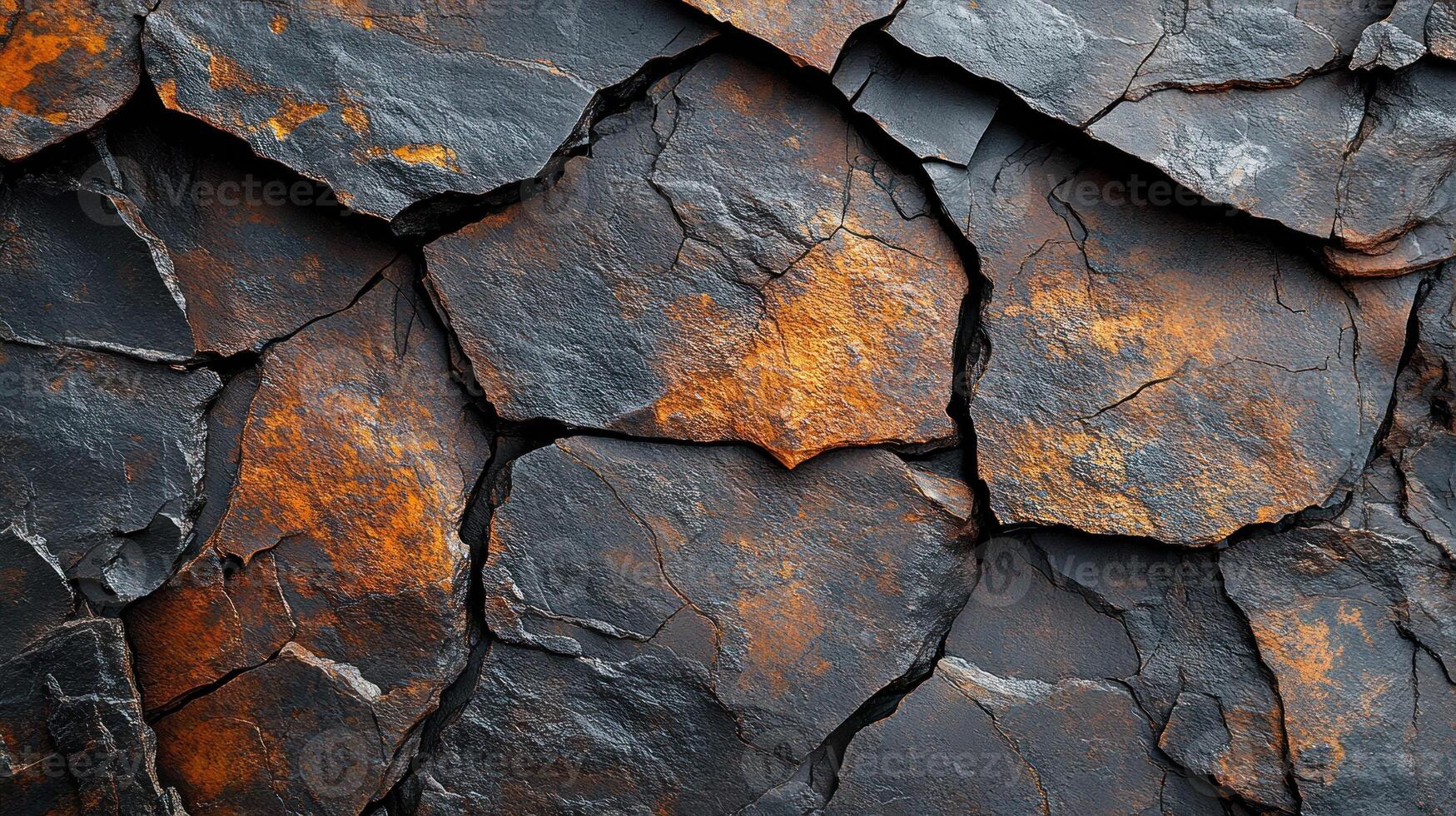 Textured rock surface showcasing dark hues and orange accents in natural formation photo