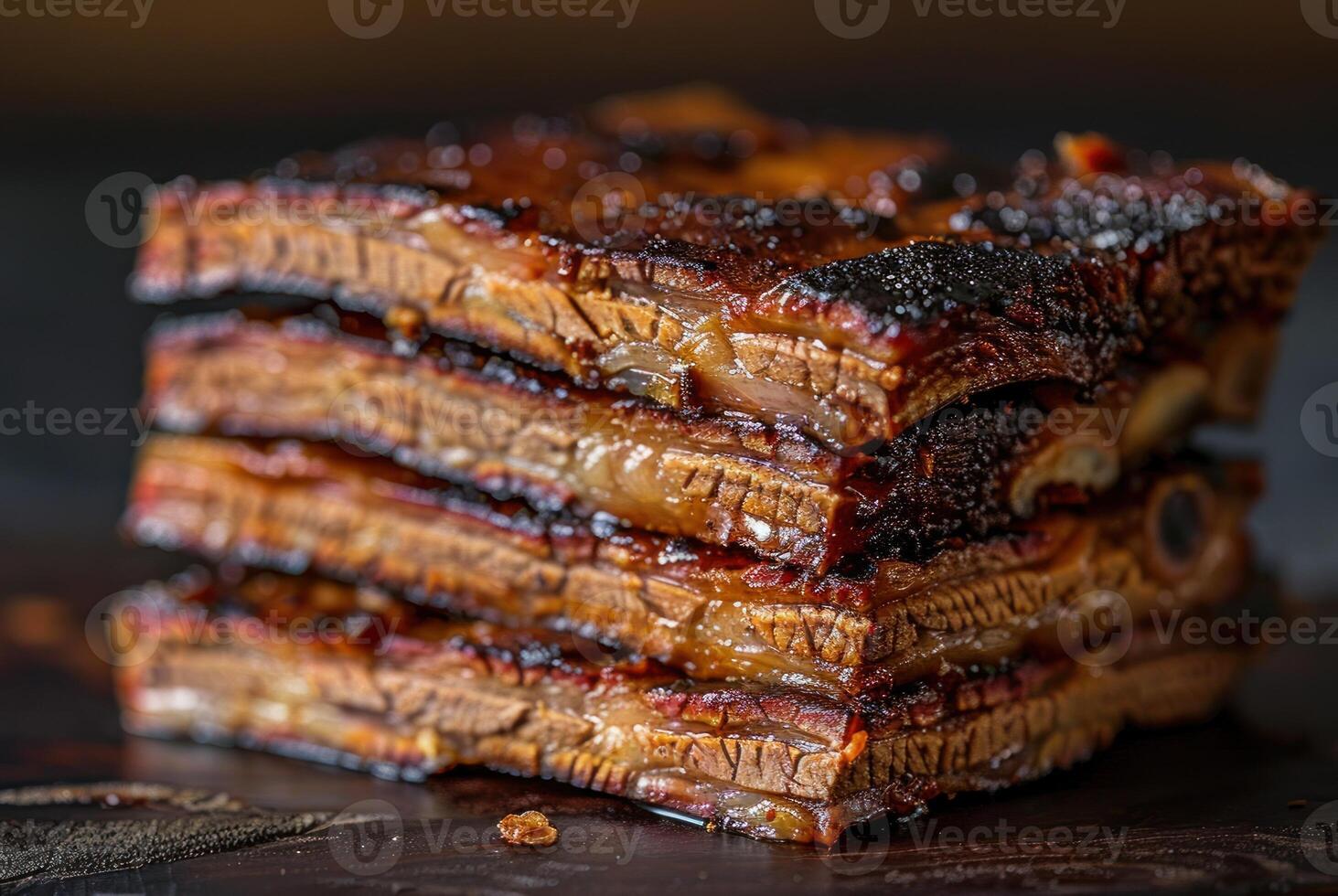 Delicious layers of richly smoked brisket stacked perfectly for a mouthwatering feast photo