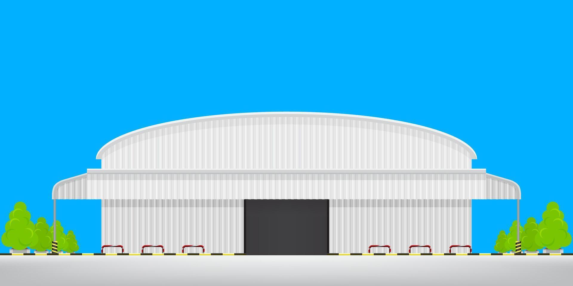 warehouse factory front view isolated on blue, logistic storehouse of factory empty floor outside, warehouse factory building with concrete floor for industry background, storehouse for infographics vector