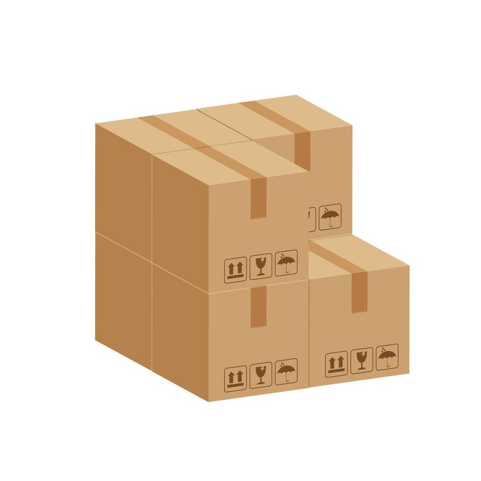 pile crate boxes 3d cube, cardboard box for factory warehouse storage, cardboard parcel boxes stack of warehouse factory, packaging cargo, boxes brown on a white background vector