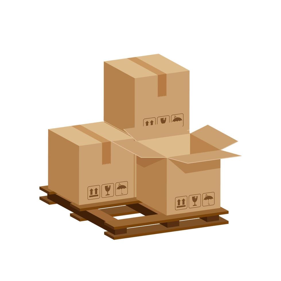 pile crate boxes open on wooden pallet, wood pallet with cardboard box in factory warehouse storage, cardboard parcel boxes stack of warehouse factory, packaging cargo, 3d box brown isolated on white vector