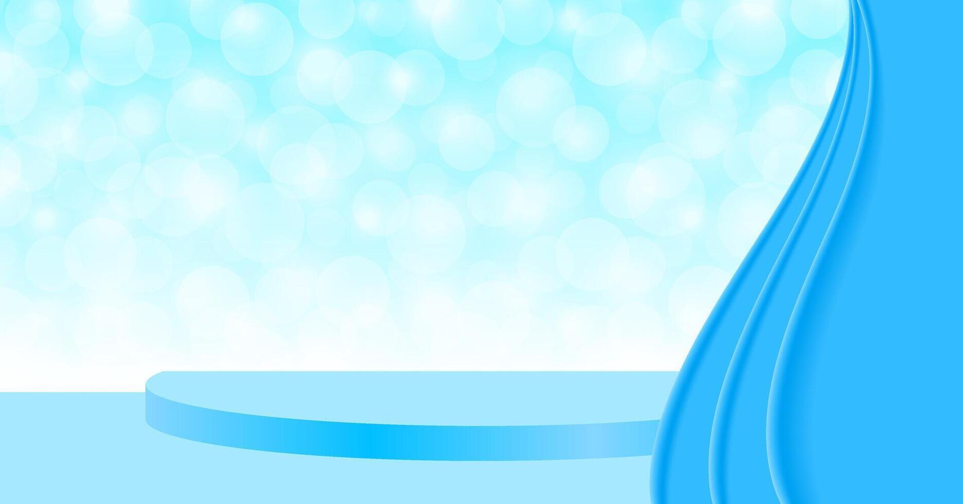 light blue pedestal stage on bokeh and curtain, stage podium with curtains for cosmetics product display show, blue pedestal stand deluxe for backdrop, stage pedestal for award and success concept vector