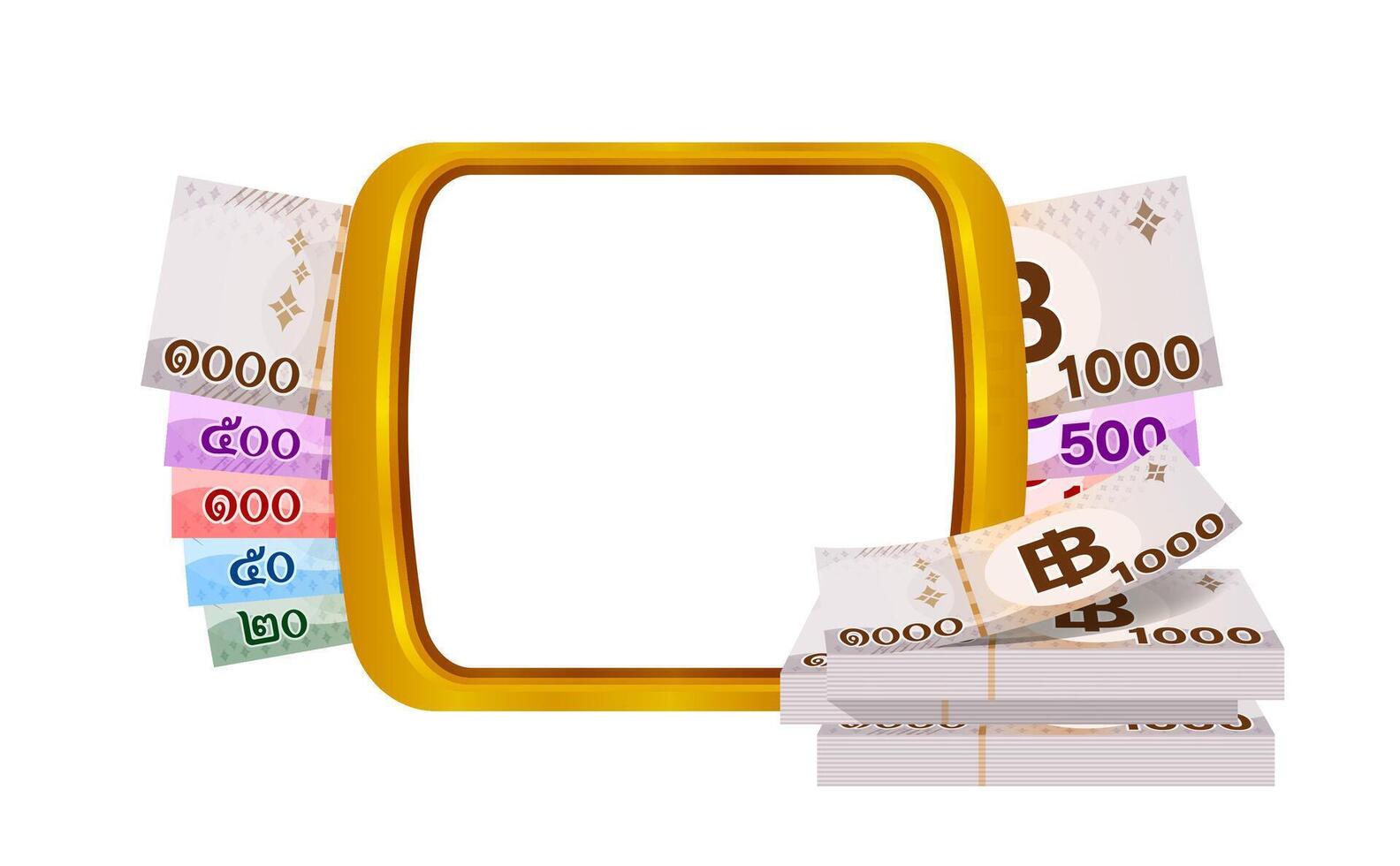 money thai banknote and golden frame for banner copy space, banknote money baht and gold square shape for text, paper money for salary and savings concept, currency THB thai and white space vector