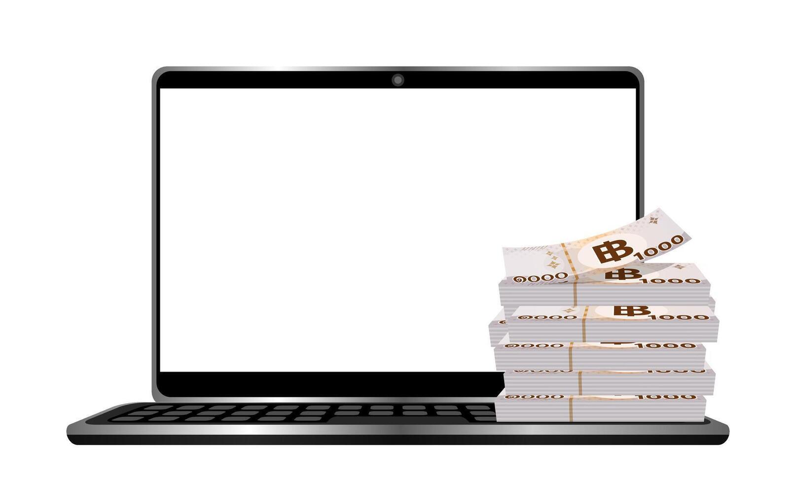pile money 1000 baht banknote thai on notebook computer, bank note paper money thai THB front of laptop, online shopping concept, stack money on notebook white screen, business finance idea copy space vector