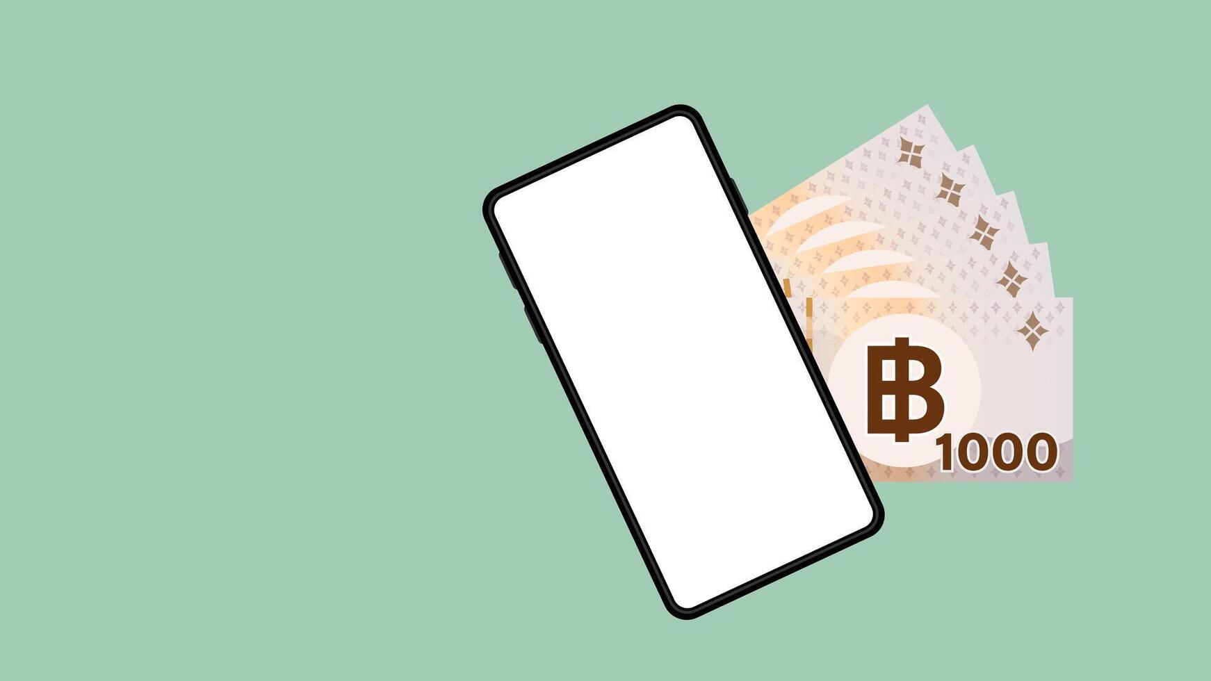 banknote money 1,000 baht thai and smartphone screen, smart phone screen and money 5,000 THB on green for banner, mobile phone wallet, paper money and smartphone, online shopping concept, copy space vector