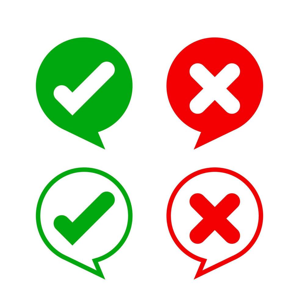 check mark sign in speech bubble circle isolated on white, checkmark yes or no vote in speech box symbol, correct choice x or confirm and deny icon, cross or right for question, label talk ok and deny vector