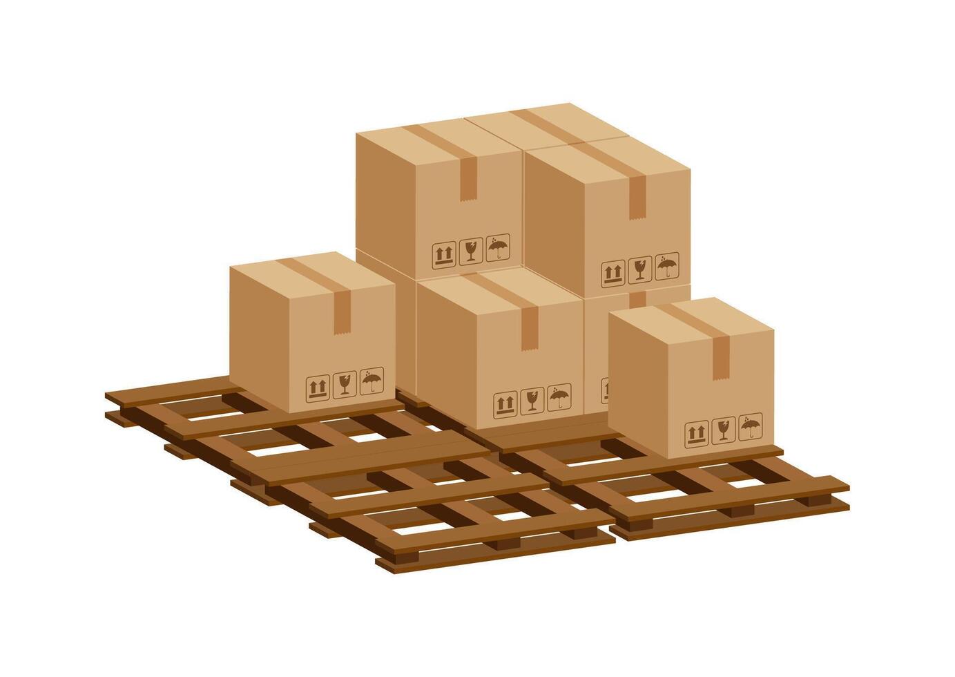 pile crate boxes 3d on wooden pallet, wood pallet with cardboard box in factory warehouse storage, cardboard parcel boxes stack of warehouse factory, packaging cargo, boxes brown isolated on a white vector