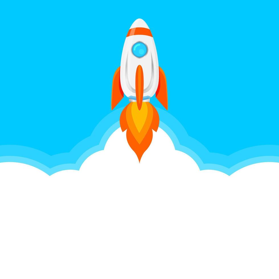 rocket ship on blue and white cloud, rocket science flying in space, illustration rockets, rockets symbol for goals and achievements, rocket launch logo icon for infographics innovation vector