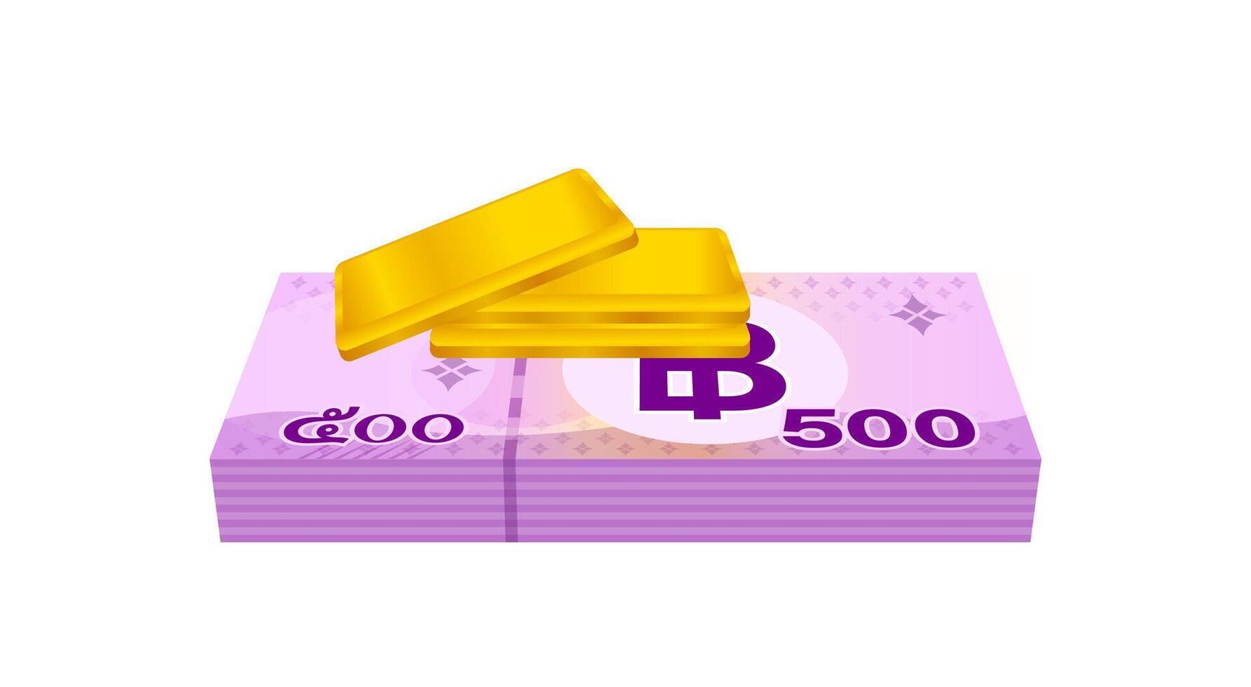 gold bars and stack thai money, gold bullion and banknote THB of thailand, financial business and savings concepts, thai baht money and gold bar isolated on a white vector