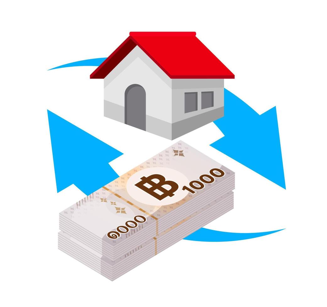 pile money banknote thai 1000 baht and house with blue arrow, residential home on bank note money thai baht, money stack 1,000 THB for real estate concept, business property credit and finance idea vector