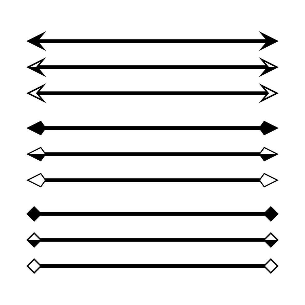arrow in horizontal line set isolated on white, arrow line for indicate the dimension of drawing, horizontal arrow different, arrowhead black on a line horizontal for dimension scale, clip art arrow vector