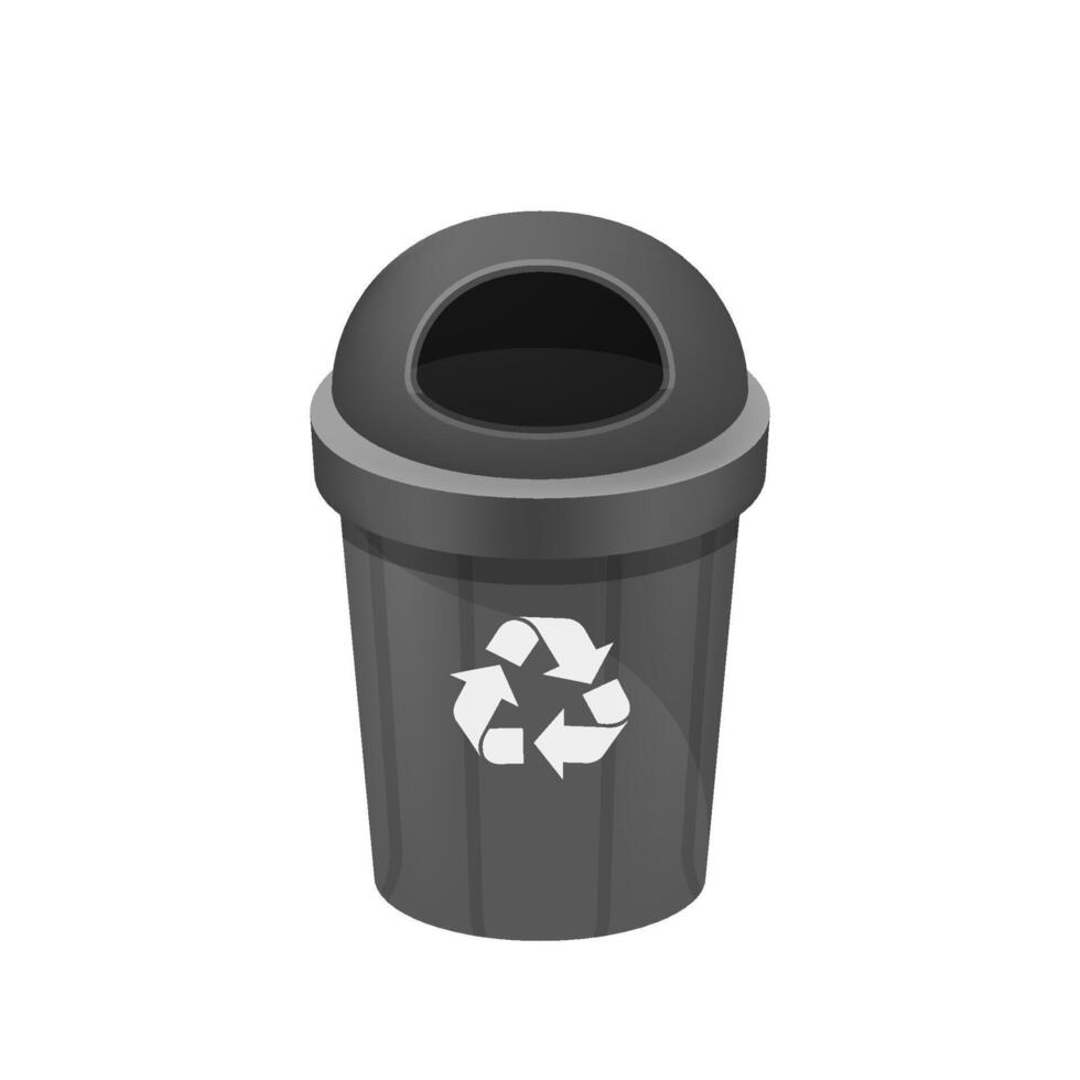 black bin isolated on white, clip art of recycle bin small, illustration grey bin plastic, flat icon bin waste, black trash can, dustbin for garbage with recycle symbol vector