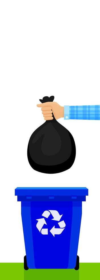 hand holding black plastic trash bag and blue bin, bags waste and hands throwing garbage isolated on white, plastic bags of garbage waste in hand, bin bag plastic for disposal garbage and copy space vector