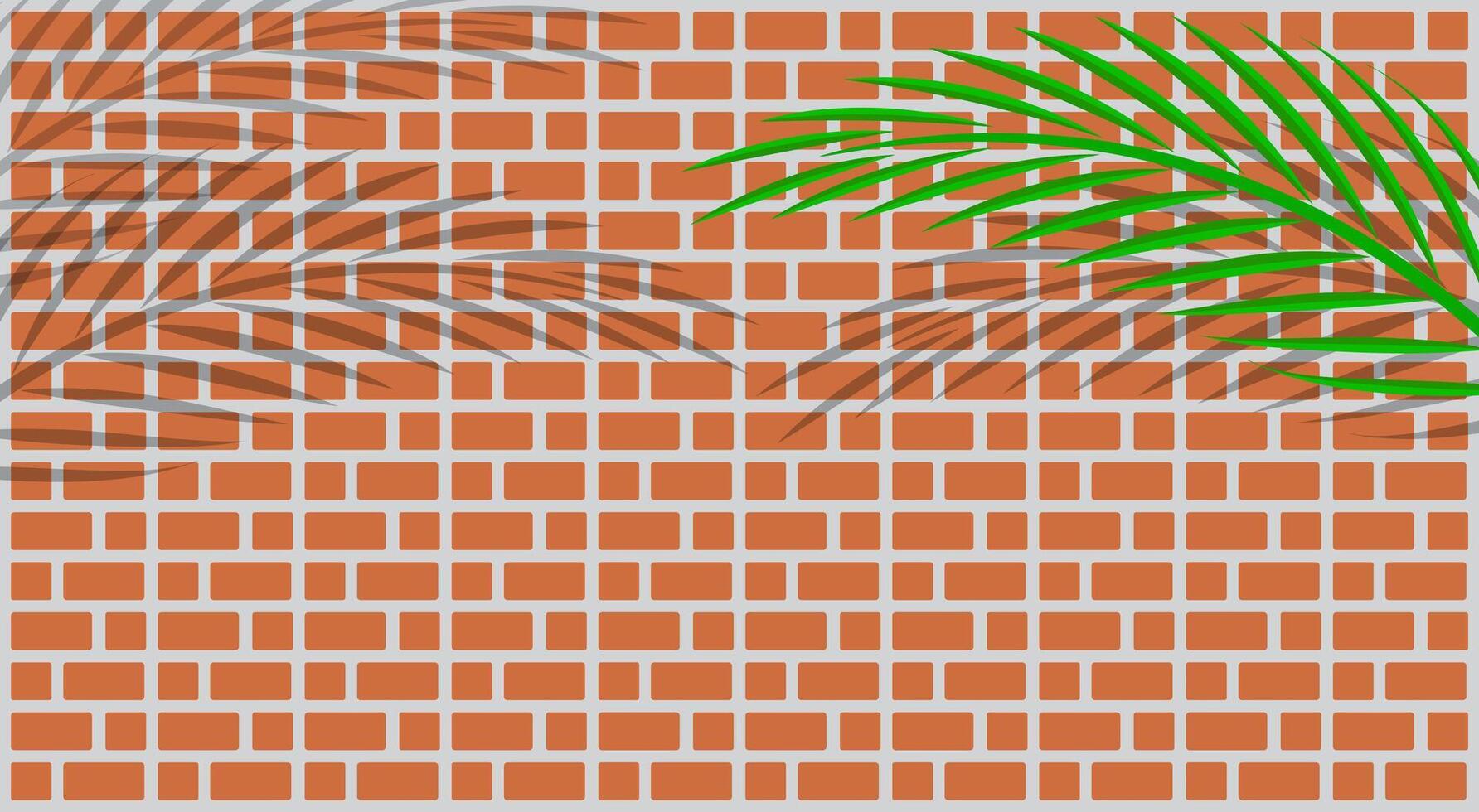 red brick wall tile and leaves palm for background and copy space, bathroom wall brick tile and leaf coconut palm shadow, brickwork texture and coconut leaves, red brown brick wall and palm branches vector