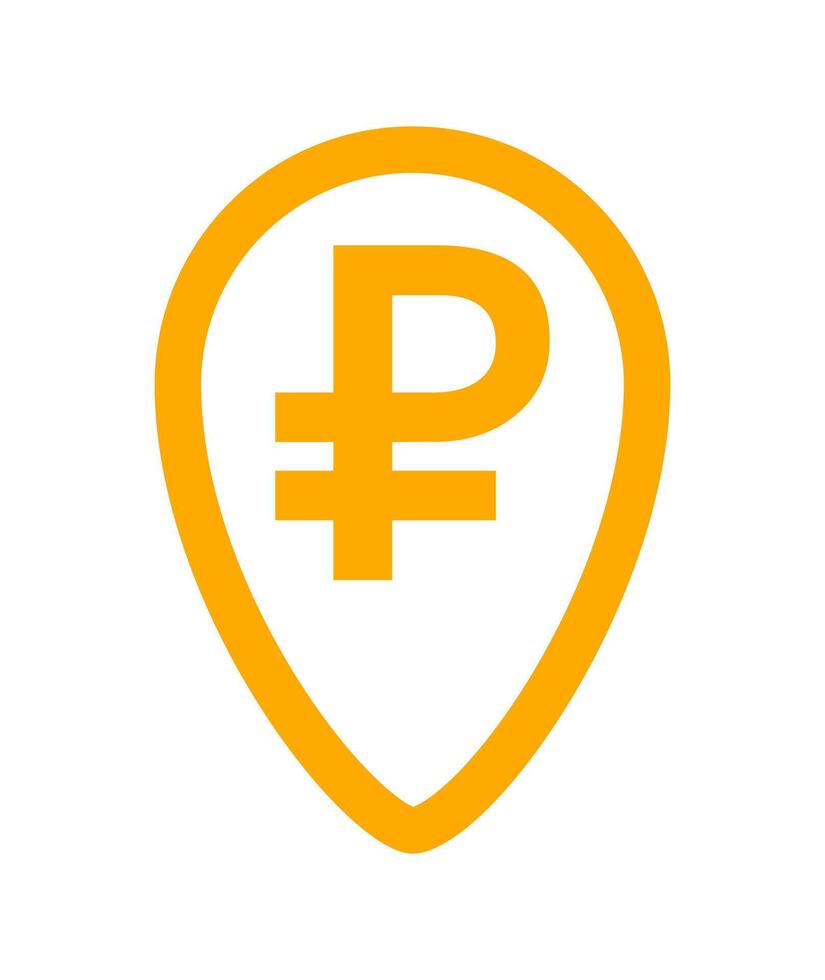 ruble currency symbol in pin point for icon, russia ruble money yellow orange, ruble money symbol in pointer pin, russian ruble currency coin for button info graphics flat simple vector