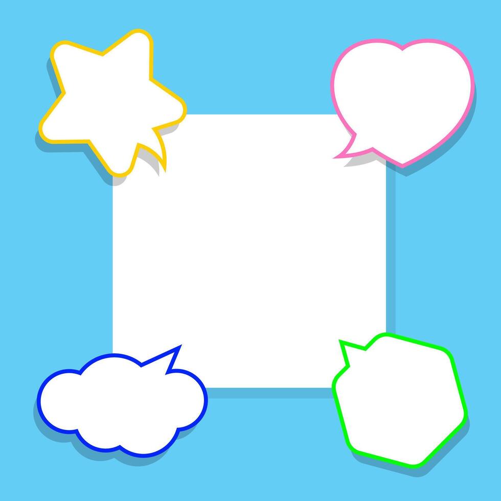 speech bubble line on square white for copy space text, cute speech bubble paper on empty frame for banner, square frame white space on light blue for message, dialog box for talk or thought idea vector