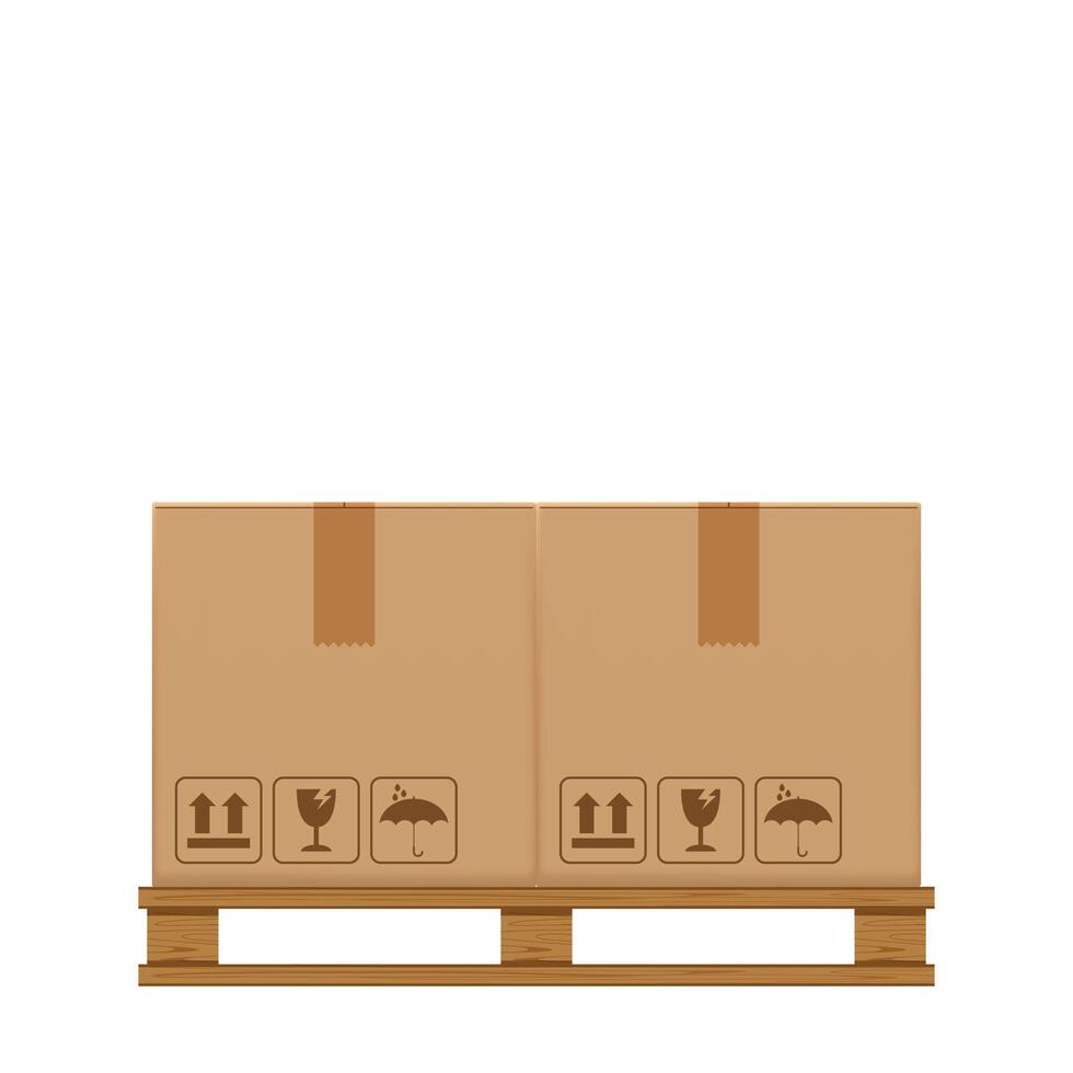crate boxes two on wooden pallet, wood pallet with cardboard box in factory warehouse storage, flat style warehouse cardboard parcel boxes stack, packaging cargo, 3d boxes brown isolated on a white vector